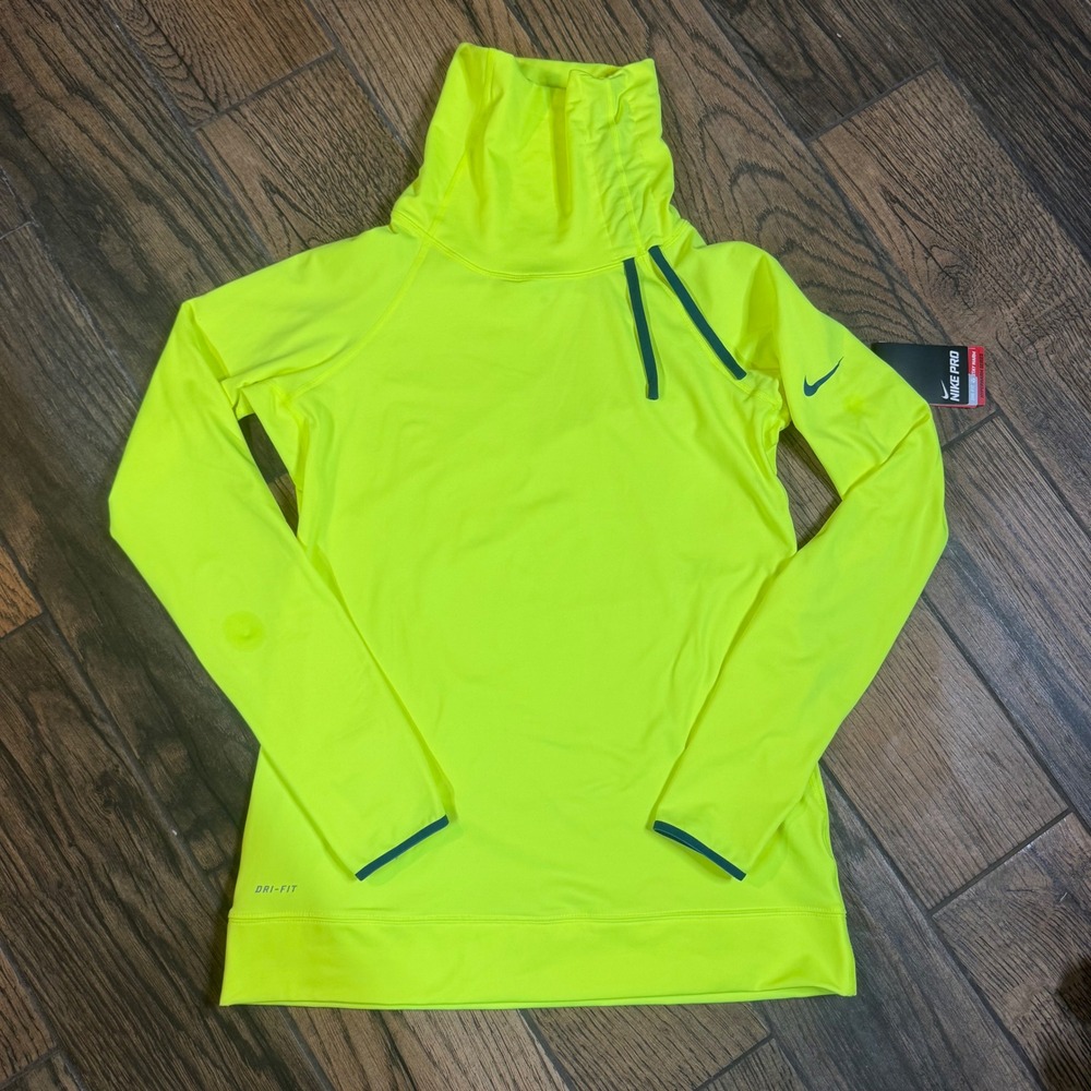 Nike Pro Hyperwarm Women L Volt Yellow Cowl Neck Dri-Fit Training Top 604947-702